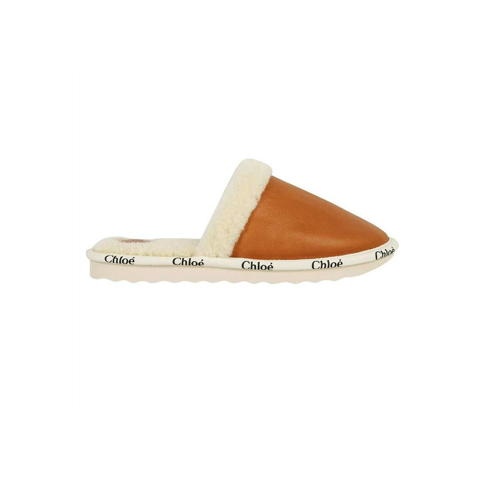 Chloe Woody Logo Trim Faux Fur Backless Loafers Camel Brown