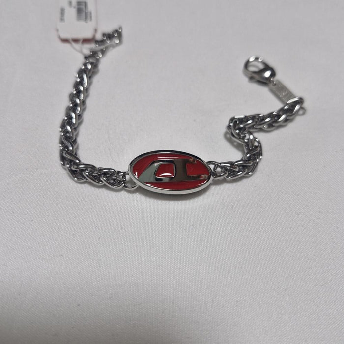 DIESEL Red Enamel Stainless Steel Chain Bracelet Silver
