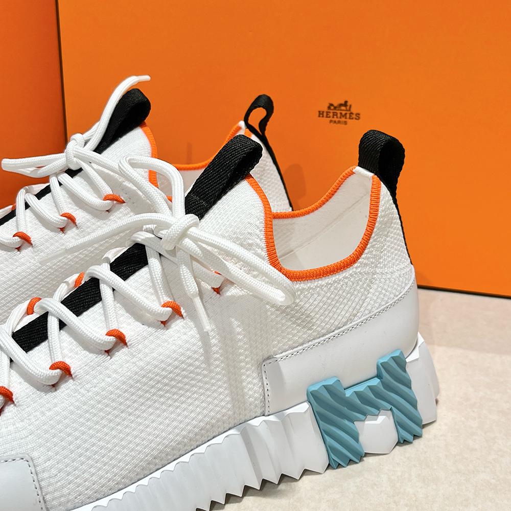 HERMES Lift Slip-On Sneakers Knit Calfskin White H Orange Sky