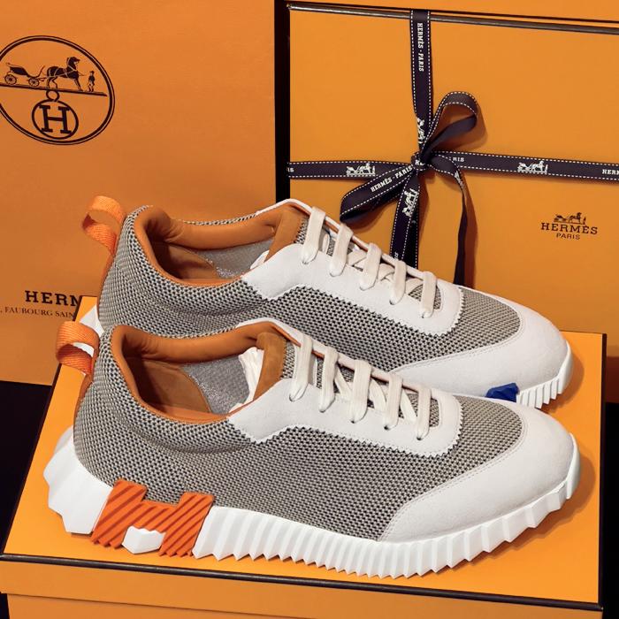 HERMES Men’s Bouncing Beige Suede H Blue Orange Two-Tone Low-Top Sneakers