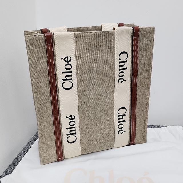 Chloe Woody NS Tote Bag Beige Canvas Leather Trim