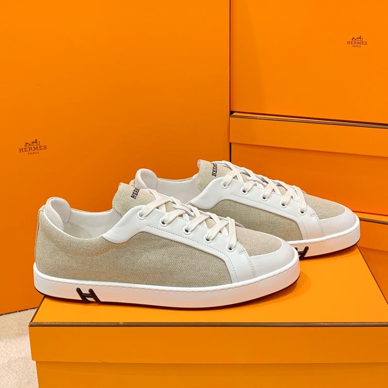 HERMES Brown Canvas Goatskin H Logo Kid Low Top Sneakers