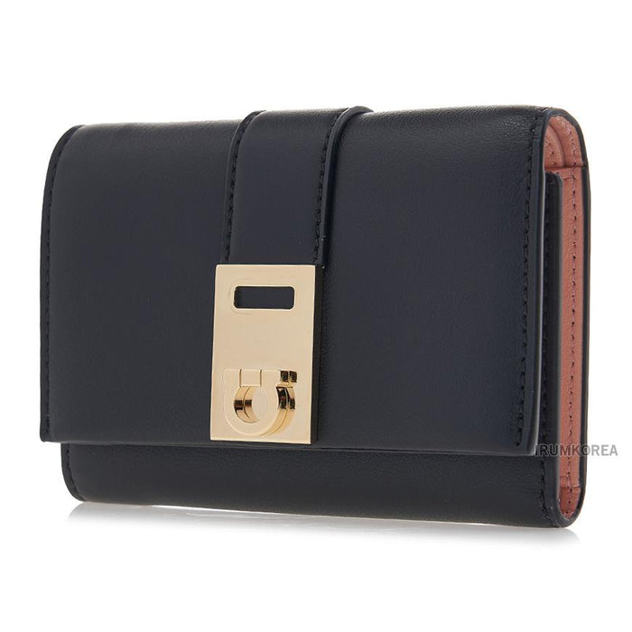 Ferragamo Women Hug Compact Bifold Wallet Black Leather 0770860