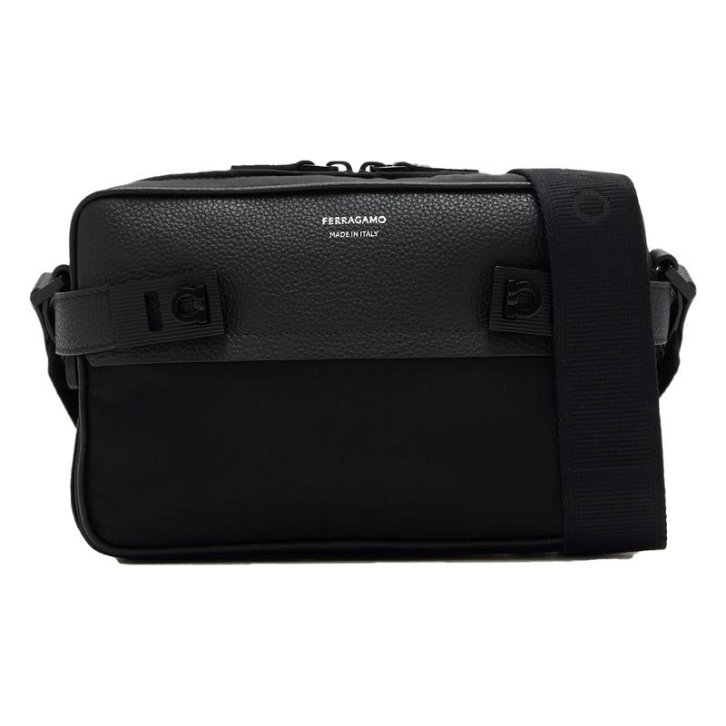 Ferragamo HUG Buckle Crossbody Bag Black Leather Men