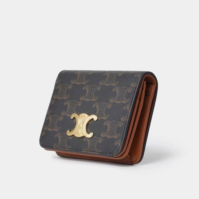 CELINE Women’s Compact Bifold Wallet Tan Leather Gold-Tone Hardware
