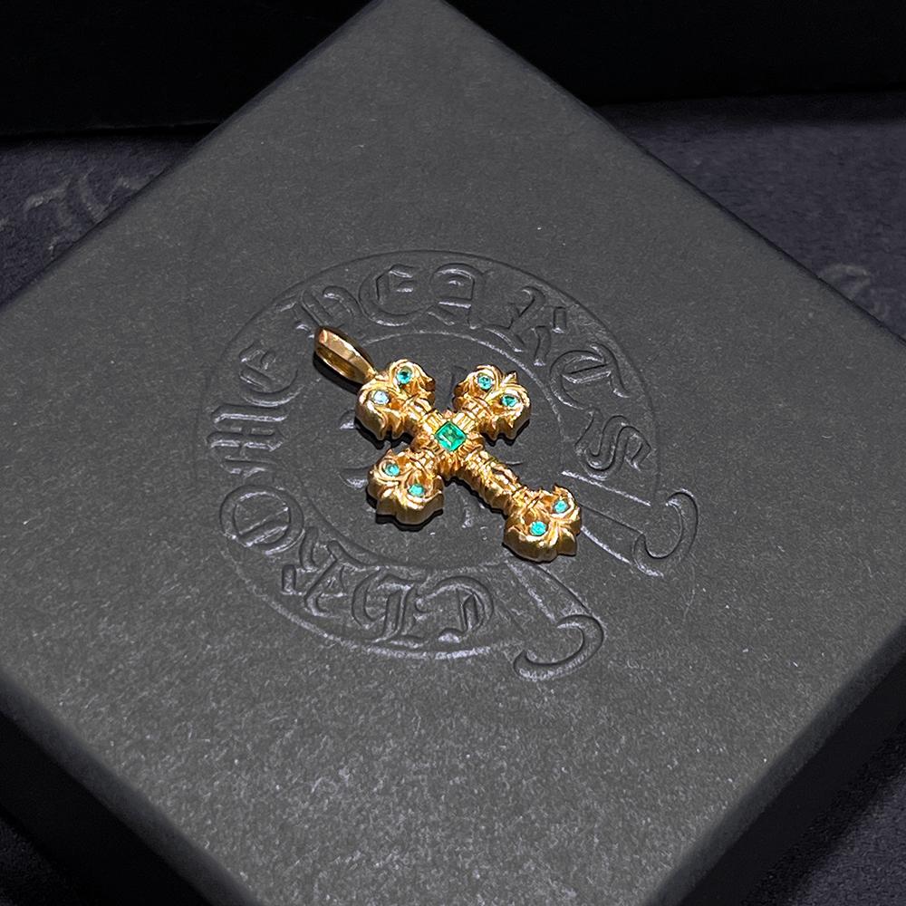 Chrome Hearts 22K Gold Filigree Emerald Pendant Charm Necklace