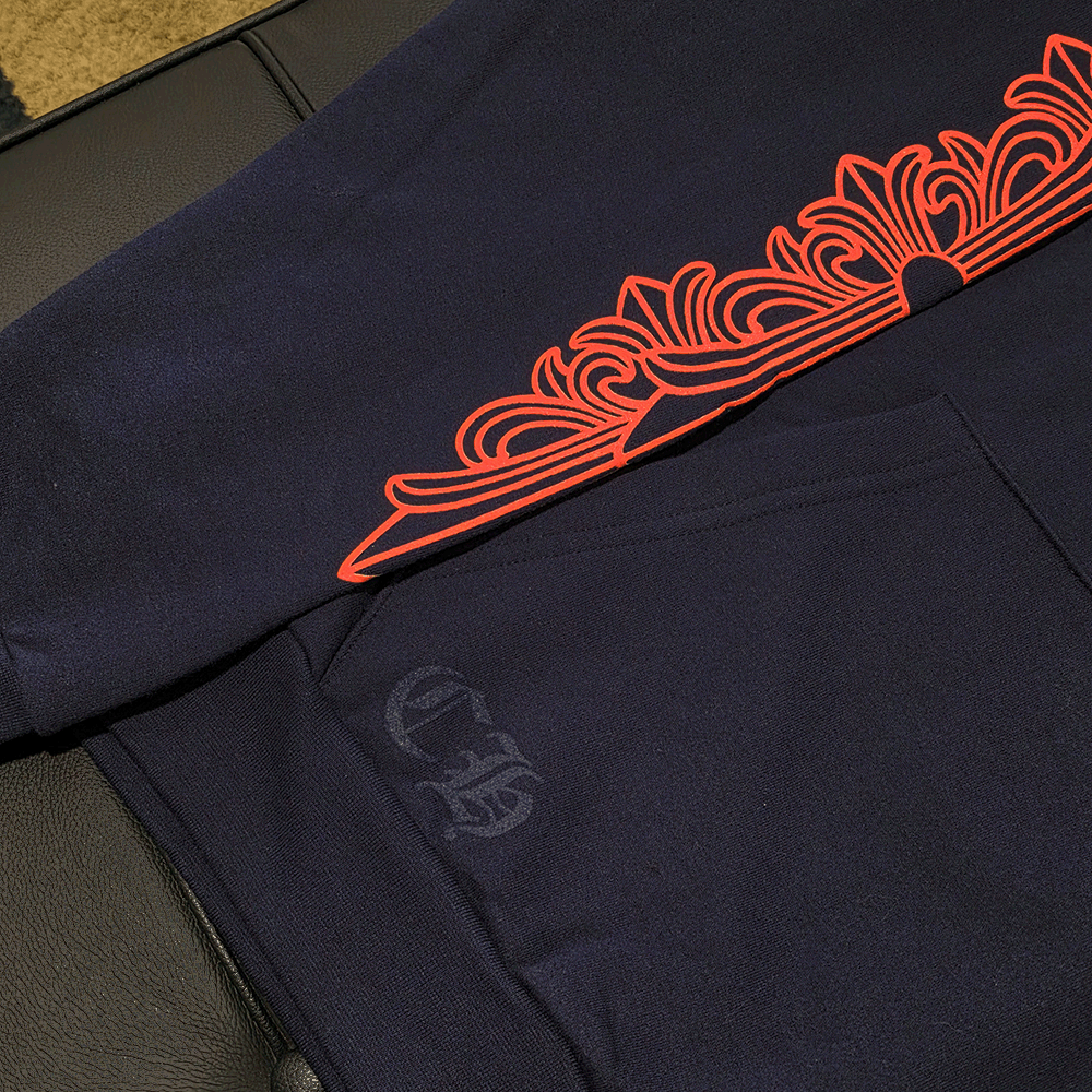 Chrome Hearts Navy Hoodie Horseshoe Coral Orange Logo Unisex Top