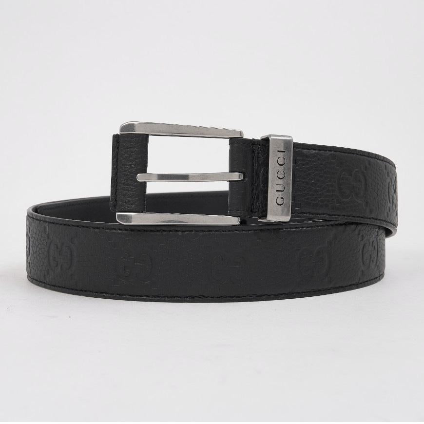GUCCI Men’s Embossed GG Buckle Leather Belt Black