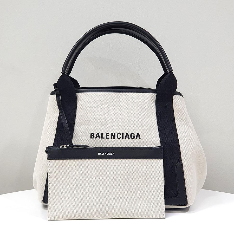 BALENCIAGA Canvas Navy Small Cabas Tote Bag Beige Ivory