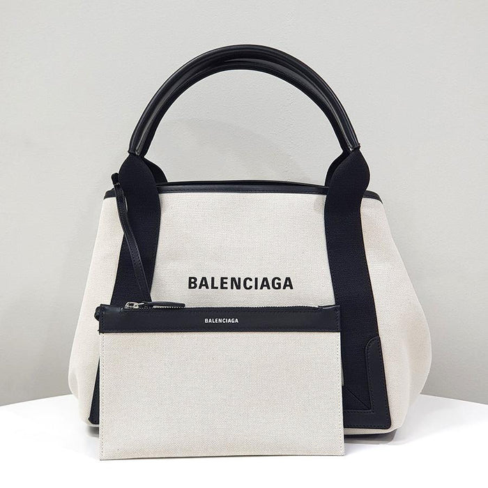 BALENCIAGA Canvas Navy Small Cabas Tote Bag Beige Ivory