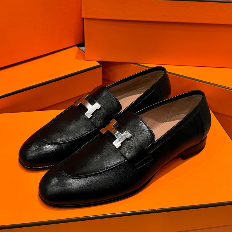 HERMES Black Goatskin Loafers with Palladium Hardware
