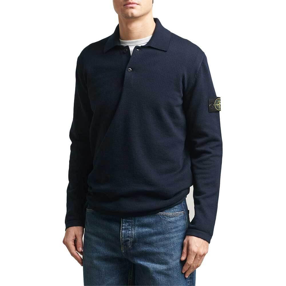 STONE ISLAND Waffle Knit Long Sleeve Polo Shirt Navy 5100024