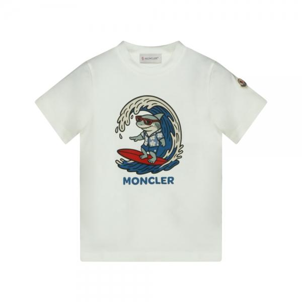 Moncler Womens Logo Patch Surfing Shark Print Short Sleeve T-Shirt White