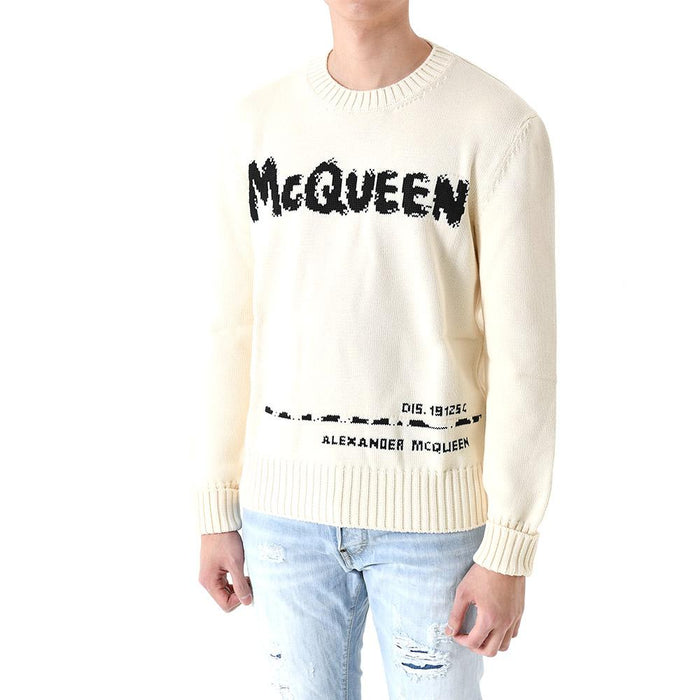 Alexander Mcqueen Logo Graffiti Ivory Crewneck Knit Sweater for Men