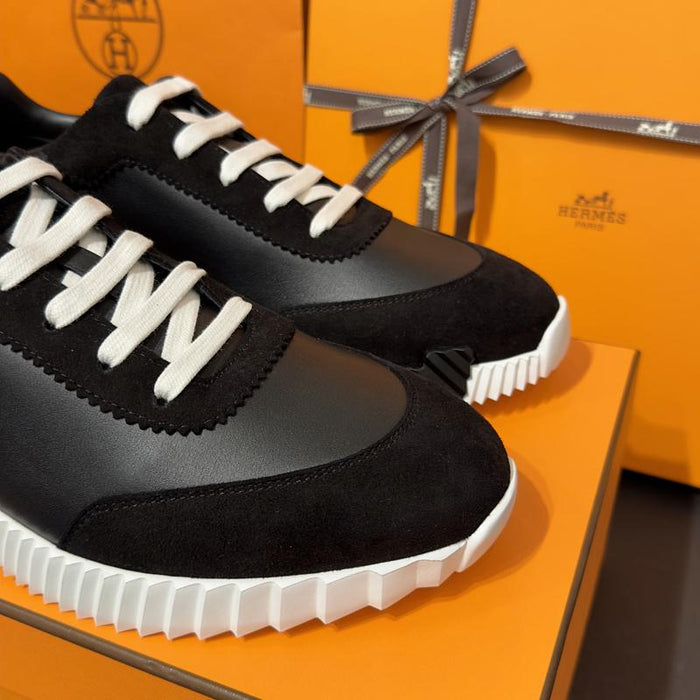 HERMES Black Goatskin Leather Bouncing Low-Top Sneakers with Brown H Logo