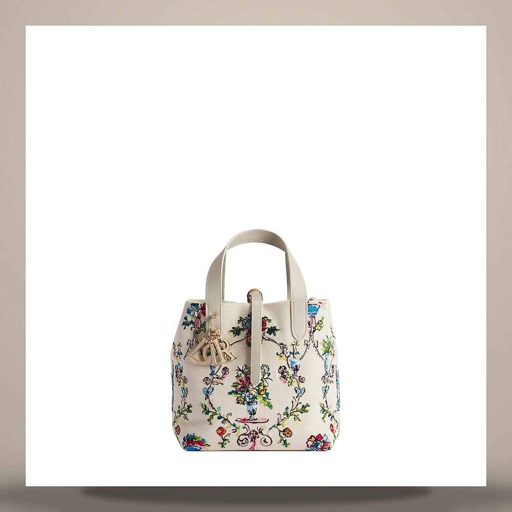 DIOR Latte Multicolor Arabesque Embroidered Cotton Vertical Tote Bag Small