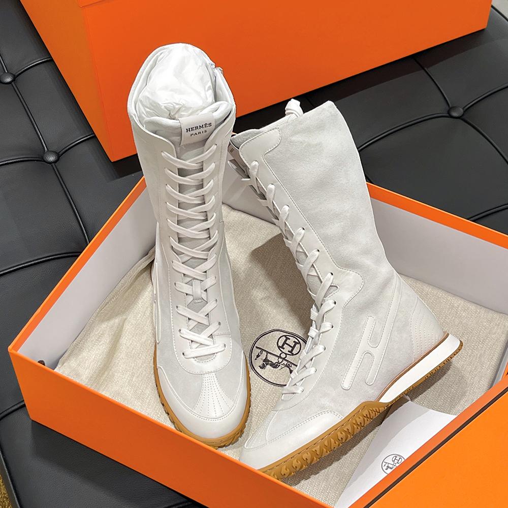 HERMES Suede Calfskin Lace-Up High-Top Sneakers White