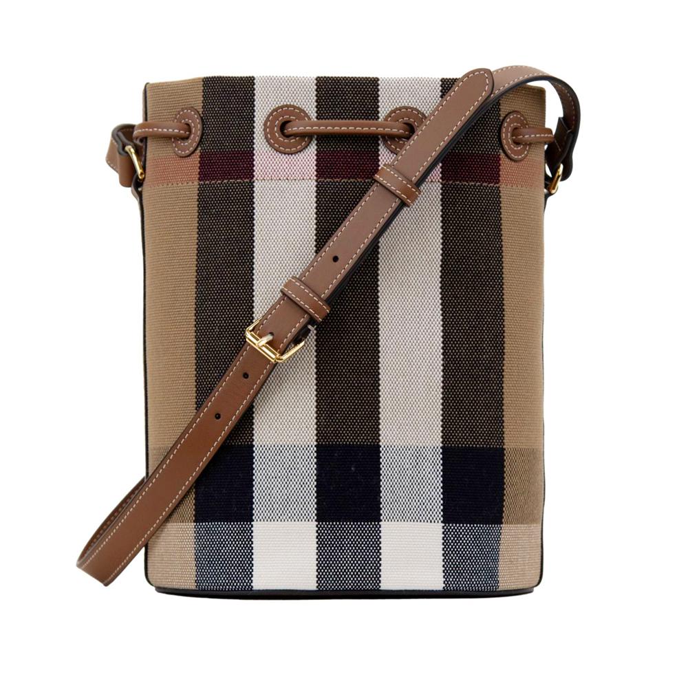 BURBERRY Check Canvas Small Bucket Crossbody Bag Taupe Brown