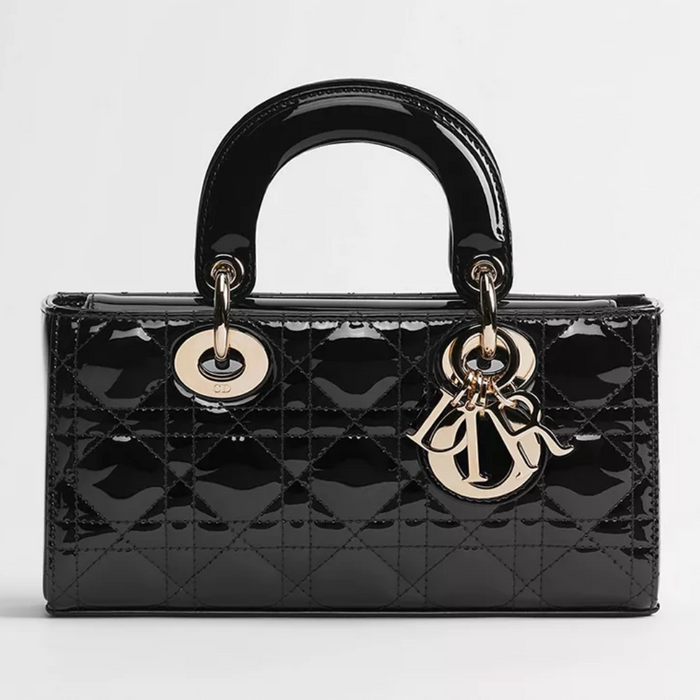 DIOR Lady D-Joy Small Patent Cannage Tote Bag Black White