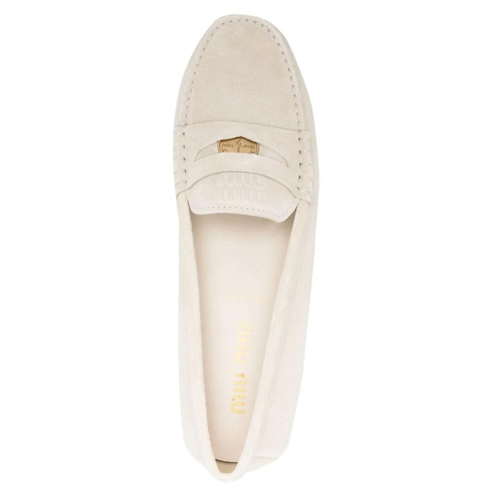 Miu Miu Beige Logo-Engraved Driving Loafers