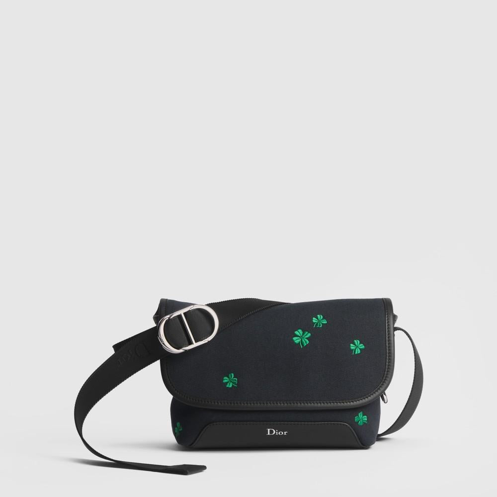 DIOR Black Canvas Clover Embroidered Zipped Strap Mini Card Holder