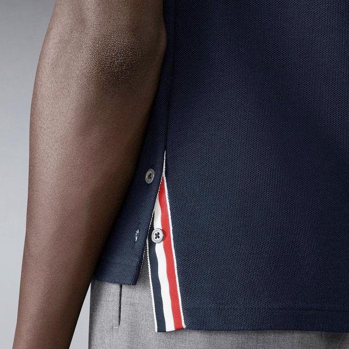 THOM BROWNE Silk Piqué Pocket Polo Shirt Navy Men