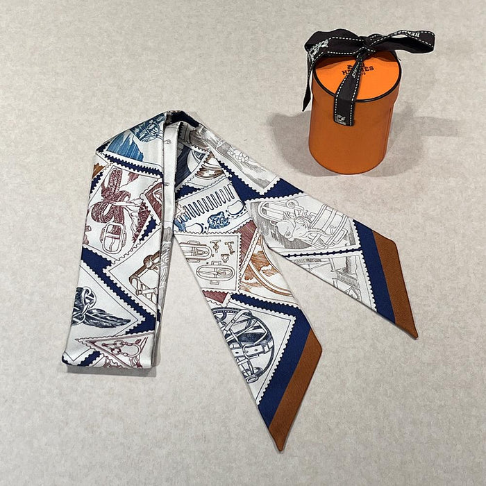 HERMES Silk Petit Le Philateliste du Faubourg Scarf White Navy