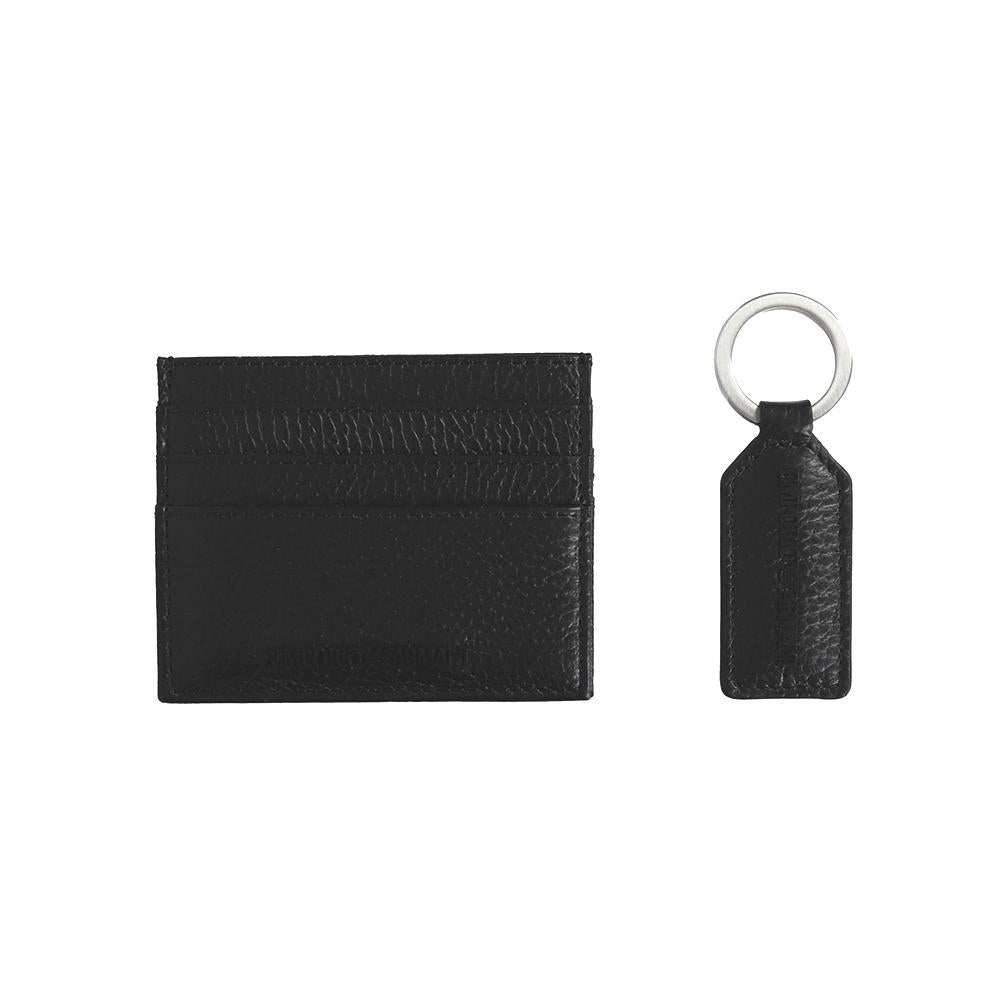 Emporio Armani Black Leather Card Holder and Keyring Set