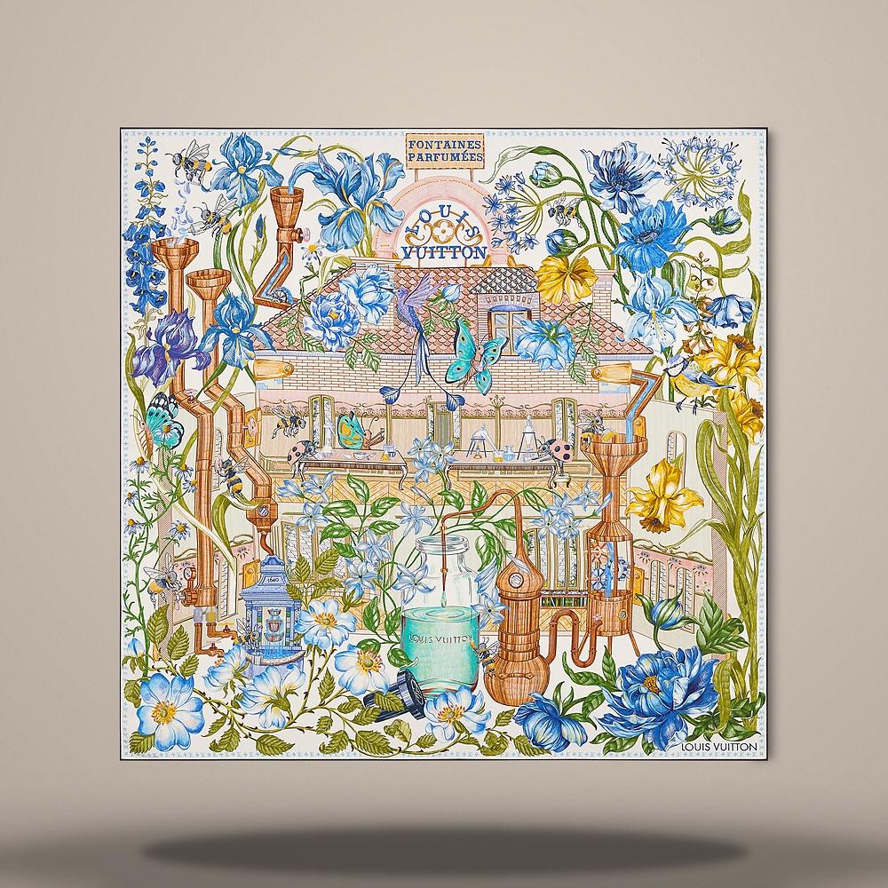 Louis Vuitton Fontaine Parfumee Square 90 Blue Scarf M98515