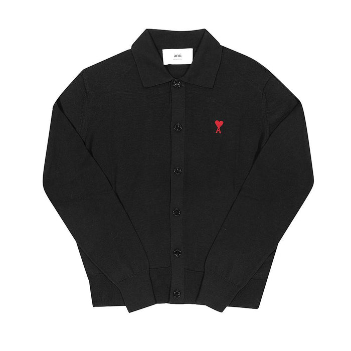 AMI Small Heart Logo Polo Knit Cardigan for Men Black