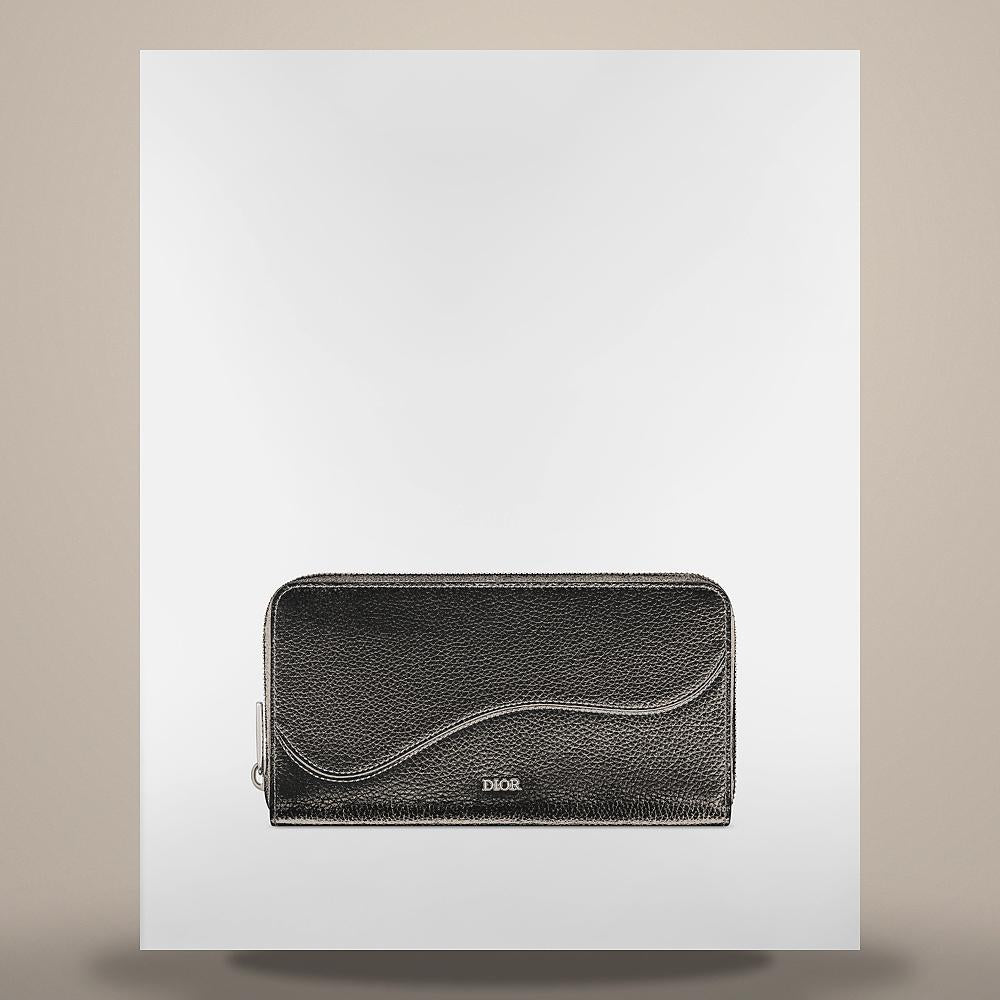 DIOR Black Grained Calfskin Saddle Zipped Long Wallet Card Holder