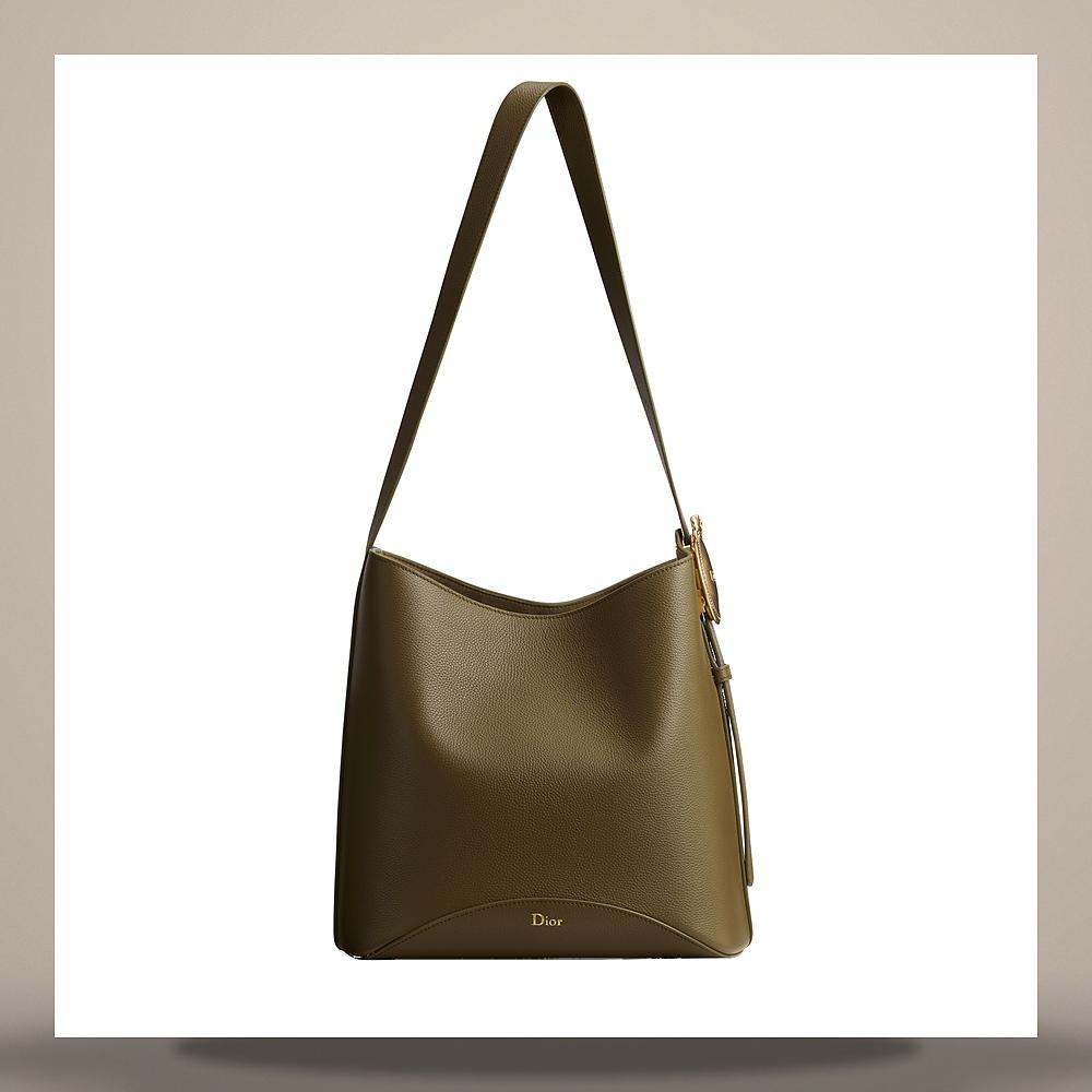 DIOR Khaki Grained Calfskin Medallion Bucket Bag Medium Crossbody M1532QUQW M98H