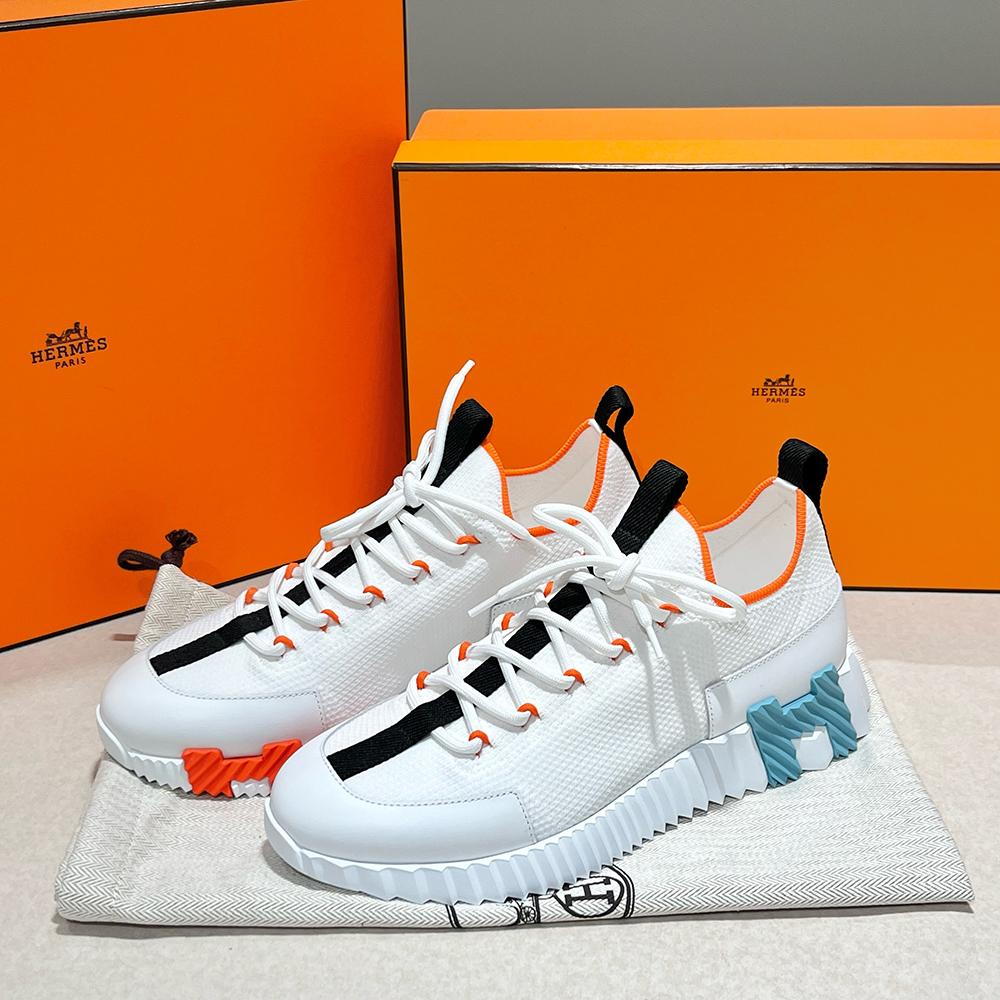 HERMES Lift Slip-On Sneakers Knit Calfskin White H Orange Sky