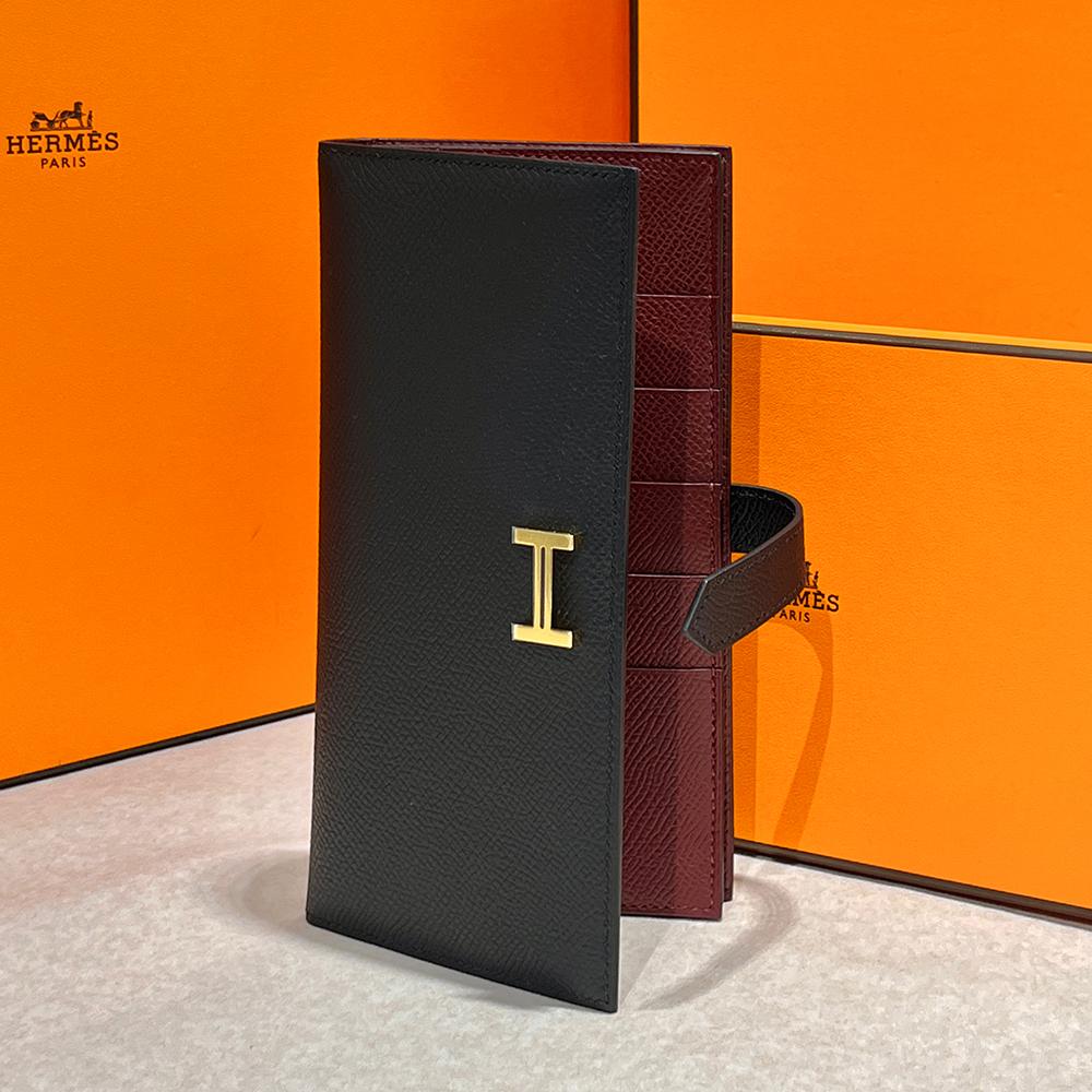 HERMES Epsom Leather Bearn Long Wallet Black Burgundy Two-Tone Gold HW