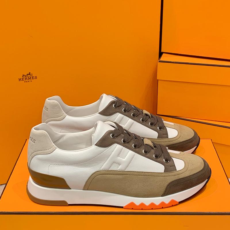 HERMES Men’s Trail Sneakers Calfskin White Brown Low-Top