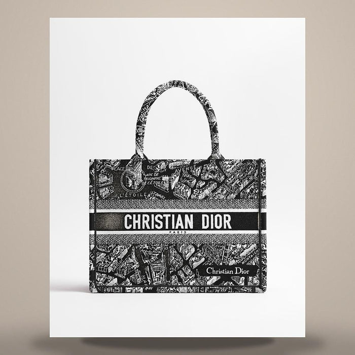 DIOR Black White Paris Plan Embroidered Book Tote Medium Crossbody Bag