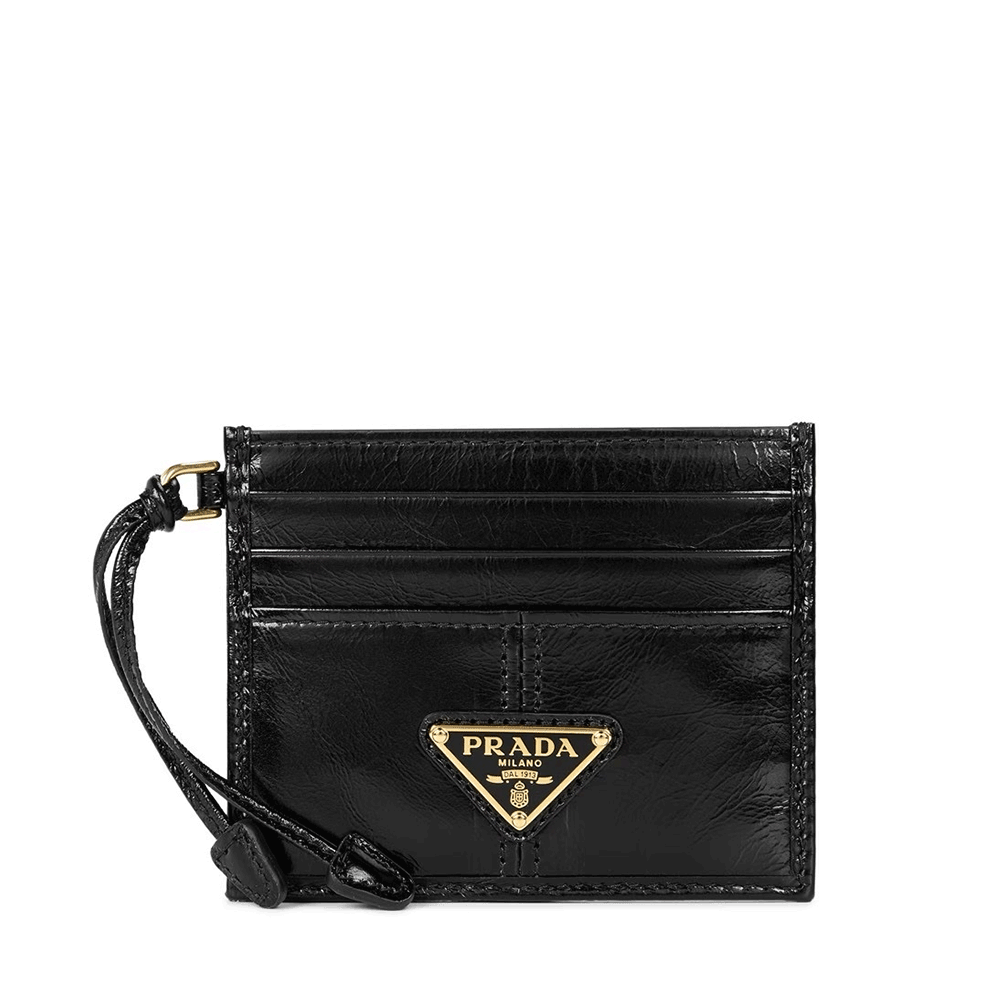 PRADA Black Saffiano Leather Card Holder with Gold-Tone Triangle Logo