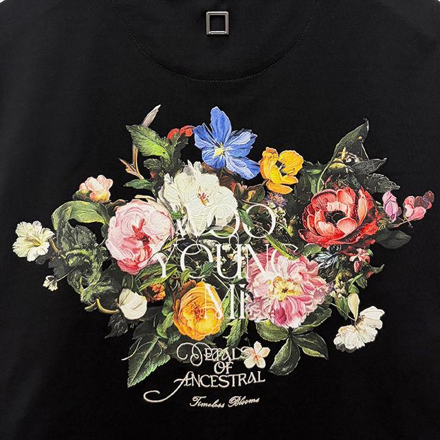 WOOYOUNGMI Black Flower Back Logo Short Sleeve T-Shirt