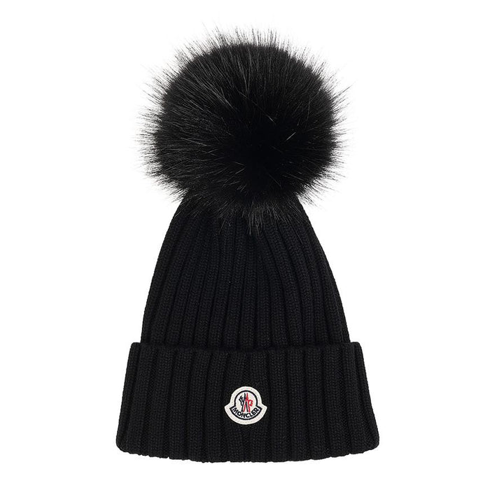 Moncler Women’s Logo Patch Pom Pom Beanie Black Knit Hat
