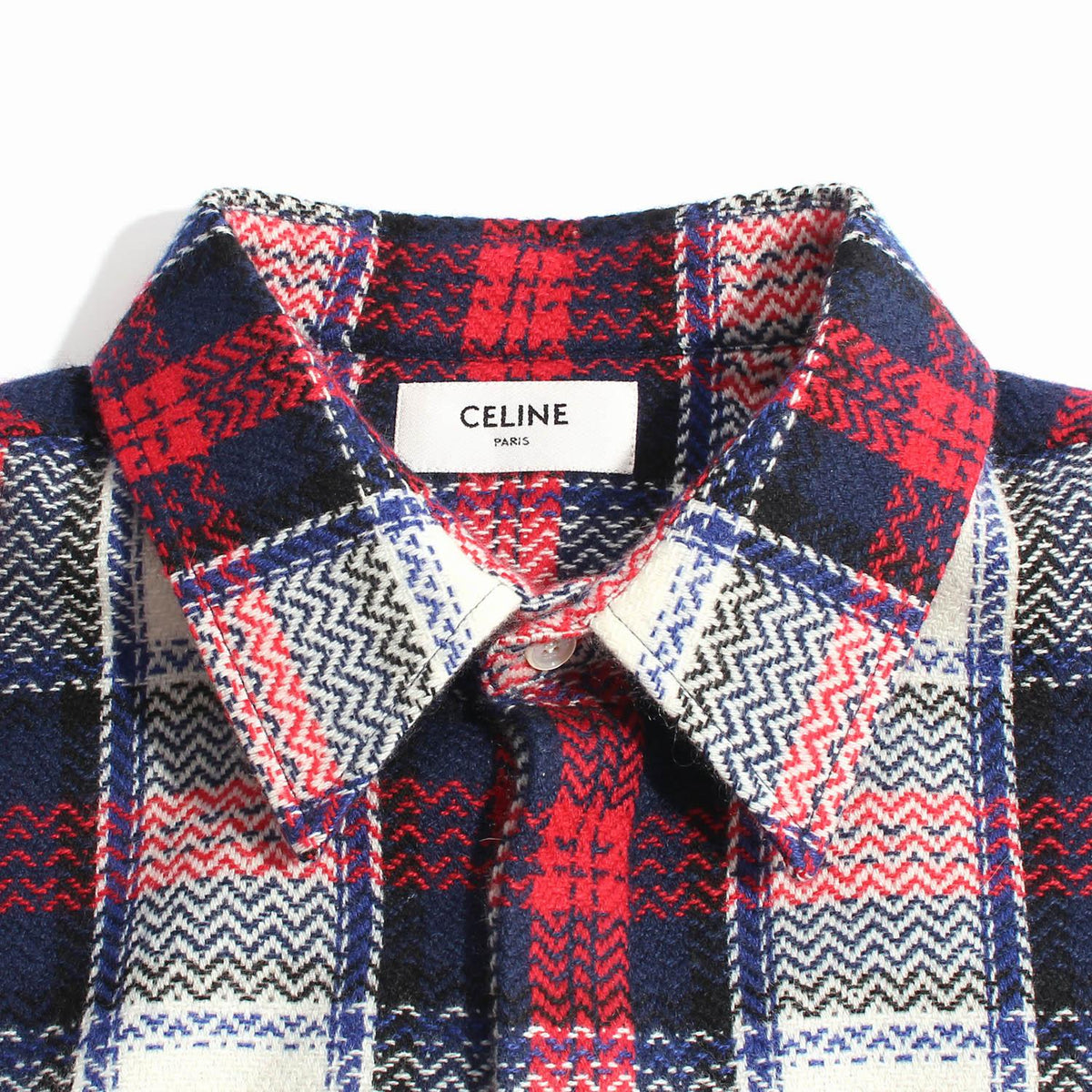 CELINE Black Red Check Cashmere Overshirt Men’s Long Sleeve Shirt
