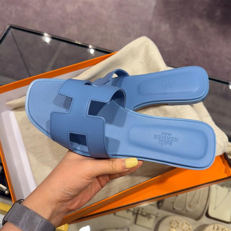 HERMES Oran Sandals Pale Blue Calfskin Women’s