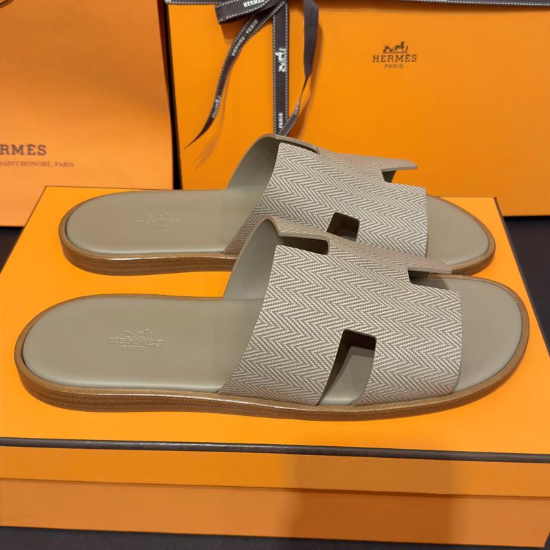 HERMES Izmir Sandals Chevron Beige Calfskin Men's Slippers