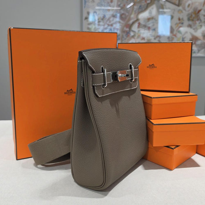 HERMES Etoupe Leather Herbag a Dos PM Backpack Palladium Hardware