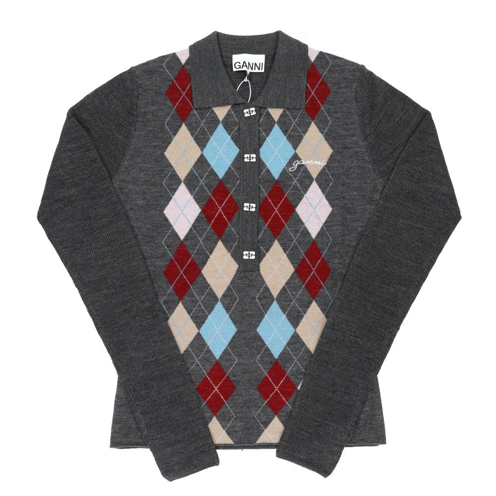 GANNI Argyle Jacquard Polo Knit Sweater for Women