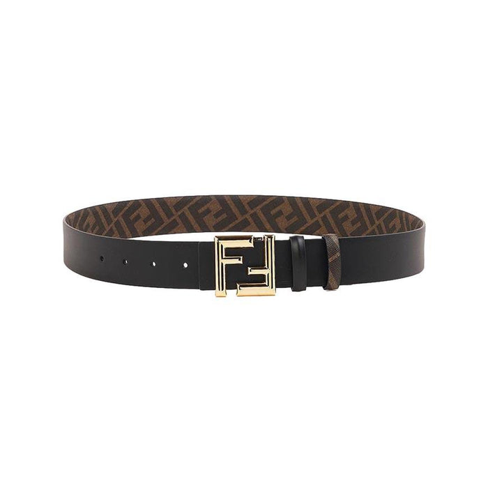 FENDI Men’s FF Logo Round Buckle Leather Belt Black