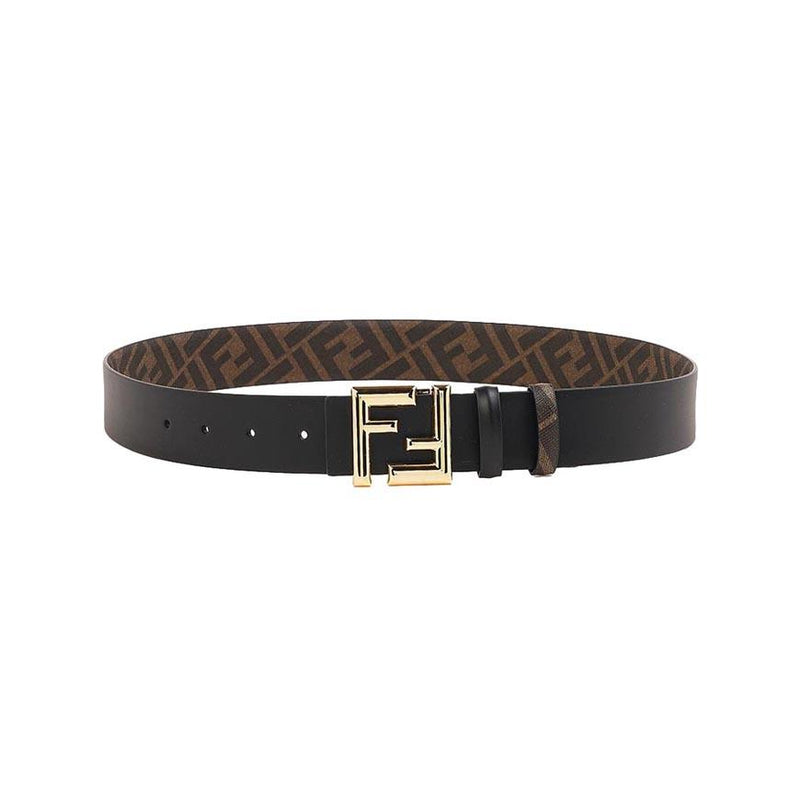 FENDI Men’s FF Logo Round Buckle Leather Belt Black