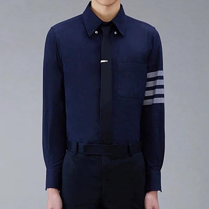 THOM BROWNE Solid Flannel 4-Bar Name Tag Straight Fit Long Sleeve Shirt
