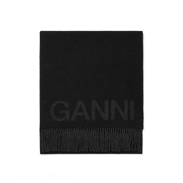 GANNI Intarsia Logo Wool Fringe Scarf A3905 099