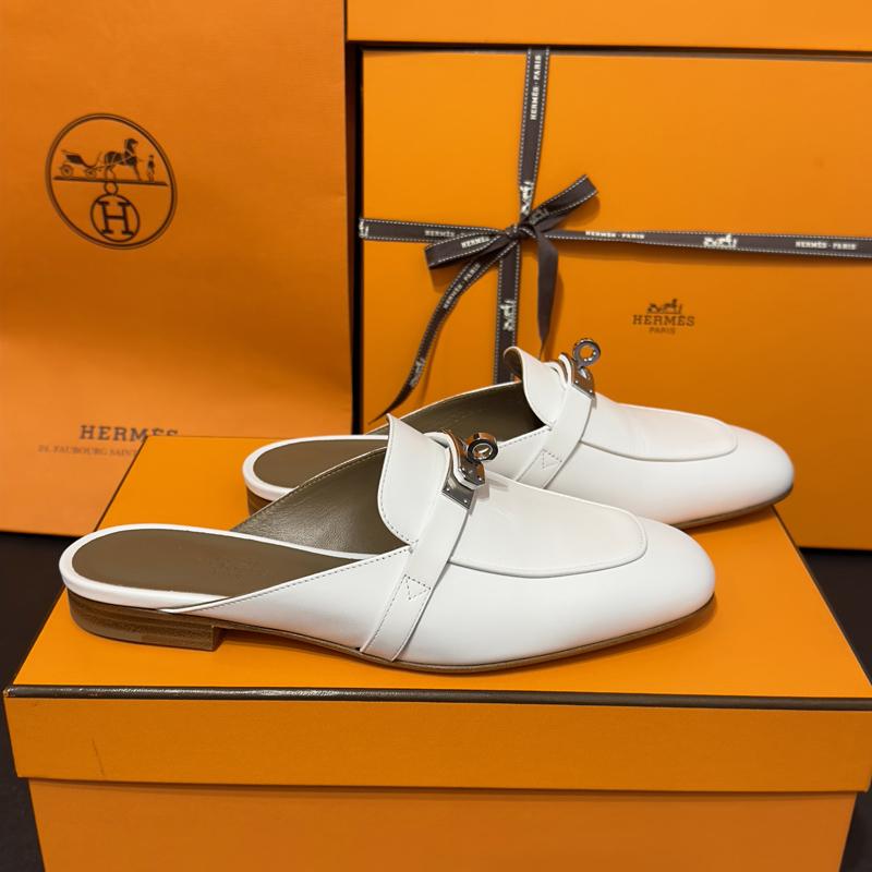 HERMES Oz Kelly Mule Slippers White Silver-Tone Hardware Sandals