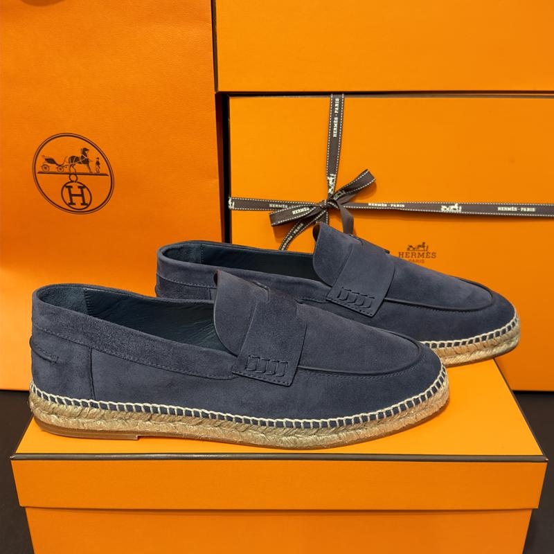 HERMES Navy Suede Goatskin Trip Espadrille Loafers for Men